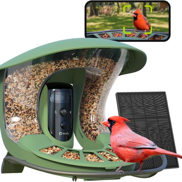 Green Birdfy dual-lens feeder with a separate solar panel